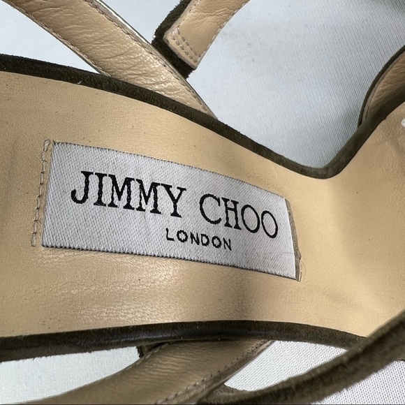 Jimmy Choo Suede Heeled Sandals Strappy Metallic Green Ankle Strap Platform 39.5 - Picture 8 of 9